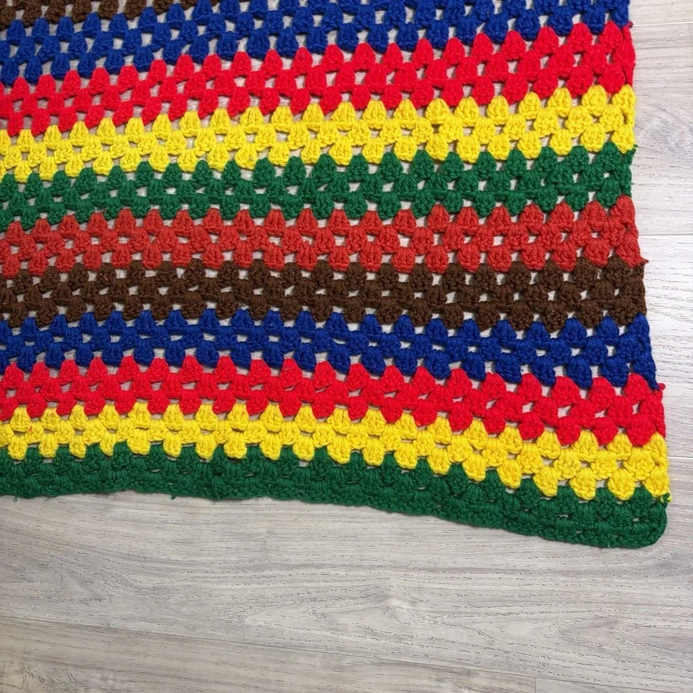 Vintage Large Afghan Hand Knit Crochet Granny Stripes Blanket 60x37 Bright Color